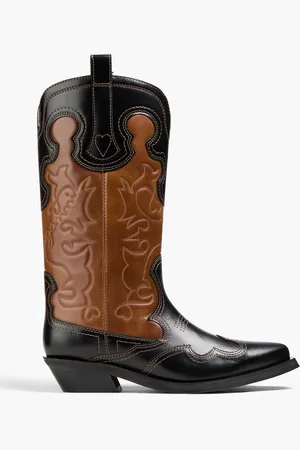Ganni Zweifarbige Cowboy Boots aus Leder mit Stickereien - Braun - EU 35