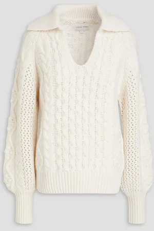 Loulou Studio Pullover aus einer Woll-Kaschmirmischung mit Zopfstrickmuster und Polokragen - Weiß - L