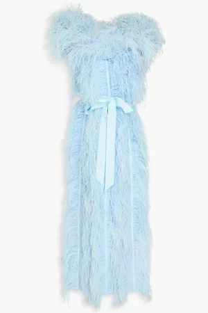 HUISHAN ZHANG Angelina schulterfreies Midikleid aus Seidenorganza mit Federbesatz - Blau - UK 8