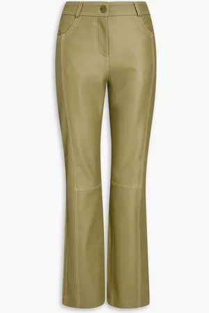 Rohe Hose mit geradem Bein aus Leder mit Kontrastnähten - Grün - DE 38