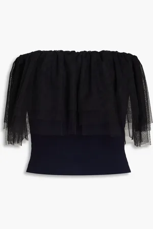 AUTUMN CASHMERE Trägerloses Oberteil aus Strick mit Tüllbesatz - Blau - M