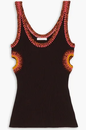 Chloé Tanktop aus gerippter Wolle mit Häkelbesatz und Cut-outs - Braun - M