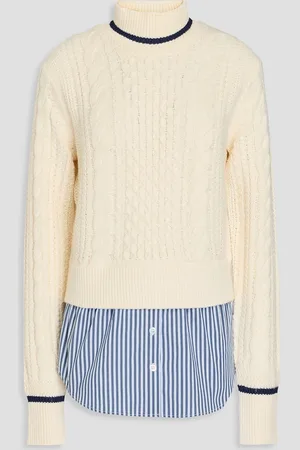 VERONICA BEARD Fritz Rollkragenpullover aus einer Baumwollmischung mit Zopfstrickmuster und Popeline-Einsätzen - Weiß - S