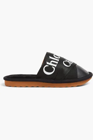 Chloé Woody Slippers aus Leder und Canvas mit Logoprint - - EU 35