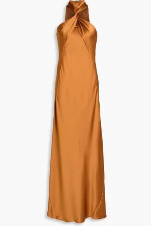 GALVAN Maxikleid aus glänzendem Crêpe mit Twist-Detail - Braun - FR 38