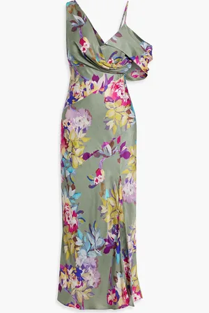 Nicholas Drapiertes Midikleid aus glänzendem Crêpe mit floralem Print - Grün - US 0