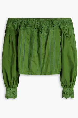 ALICE+OLIVIA Alice Olivia - Nan schulterfreies Oberteil aus Spitze und Baumwolle - Grün - S