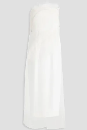 16Arlington Minelli trägerloses Midikleid aus Tüll und Satin mit Federn - Weiß - UK 4