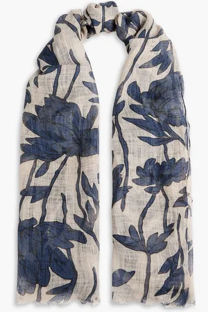 Brunello Cucinelli Bedruckter Schal aus Leinen-Gaze mit Fransen - Blau - OneSize