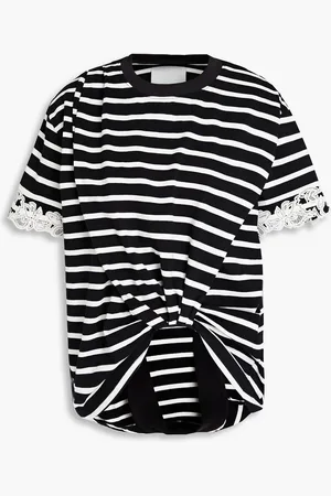 3.1 Phillip Lim Gestreiftes T-Shirt aus Baumwoll-Jersey mit Spitzenbesatz - - M