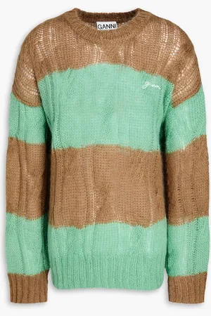 Ganni Zopfstrickpullover aus einer Merinowollmischung mit Streifen - Grün - L/XL