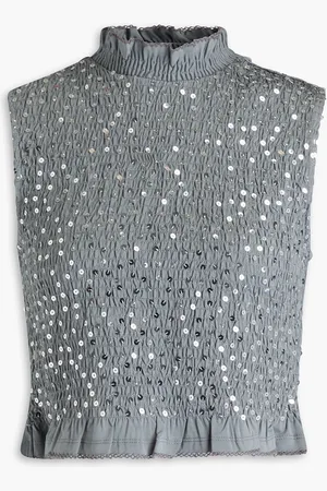 Sandro Cropped Oberteil aus Stretch-Jersey mit Raffung und Pailletten - - 1