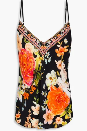 Camilla Top aus Crêpe de Chine aus Seide mit floralem Print und Kristallverzierung - - XS