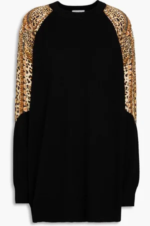 Camilla Pullover aus einer Woll-Kaschmirmischung mit Leopardenprint und Einsätzen aus Seidensatin - - L