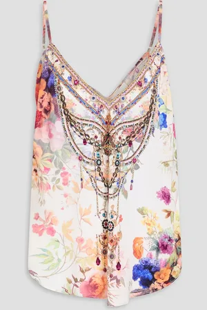 Camilla Top aus Crêpe de Chine aus Seide mit floralem Print und Kristallverzierung - - XXL