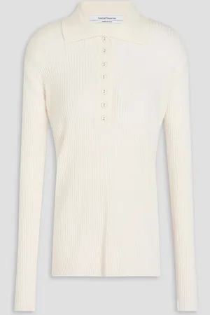 Another Tomorrow Pullover aus einer gerippten Merinowollmischung mit Polokragen - Weiß - L