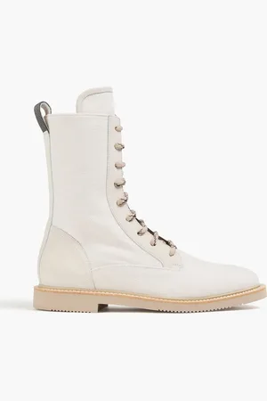 Brunello Cucinelli Combat Boots aus Canvas mit Zierperlen - Weiß - EU 38