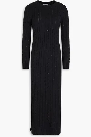 Brunello Cucinelli Midikleid aus einer Baumwollmischung mit Zopfstrickmuster und Pailletten - - M