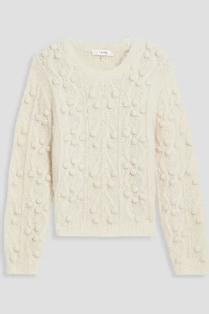 Frame Pullover aus einer Alpakamischung mit Zopfstrickmuster und Pompons - Weiß - M