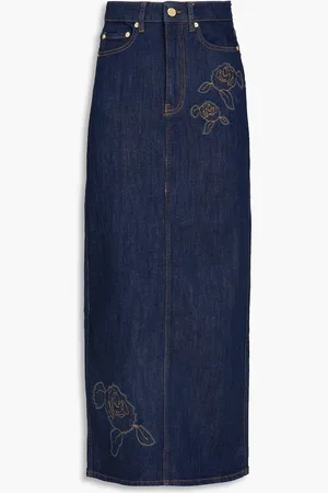 Ganni Bleistiftrock in Midilänge aus Denim mit Applikationen - Blau - DE 34