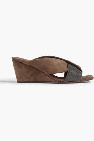 Brunello Cucinelli Wedges aus Veloursleder mit Zierperlen - Neutral - EU 36