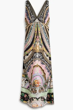 Camilla Bedrucktes Midikleid aus Seidensatin mit Kristallverzierung - - M