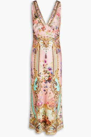 Camilla Bedrucktes Midikleid aus Seidensatin mit Kristallverzierung - Pink - L