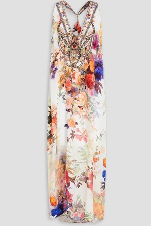 Camilla Midikleid aus Crêpe de Chine aus Seide mit floralem Print und Kristallverzierung - Weiß - XL