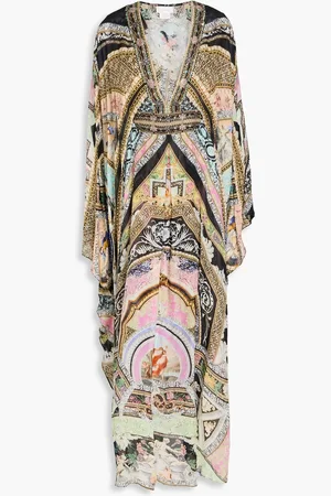 Camilla Bedruckter Kaftan aus Crêpe de Chine aus Seide mit Kristallverzierung - - ONESIZE