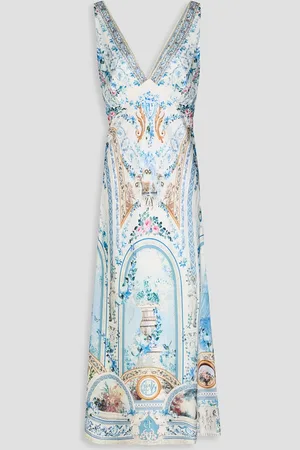Camilla Bedrucktes Midikleid aus Seidensatin mit Kristallverzierung - - XL