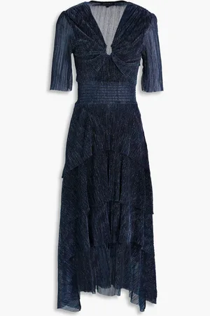Maje Embellished tiered metallic plissé-tulle midi dress - Blau - FR 36