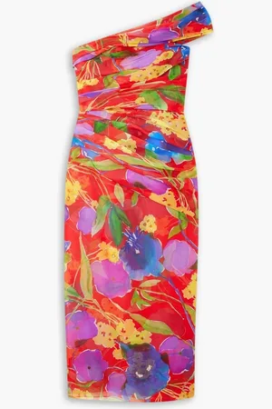 Carolina Herrera Gerafftes Midikleid aus Seidenchiffon mit floralem Print und asymmetrischer Schulterpartie - - US 0