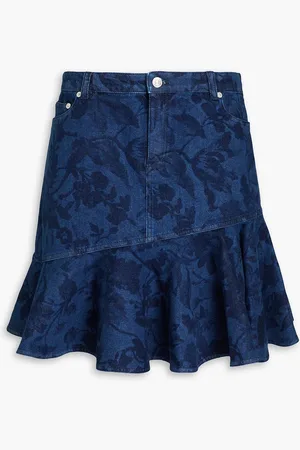 Erdem Minirock aus Denim mit floralem Print und Rüschen - Blau - UK 12