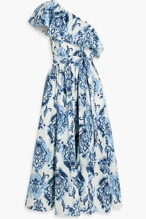 MIKAEL AGHAL Bedrucktes Midikleid aus Baumwollpopeline mit asymmetrischer Schulterpartie - Blau - US 4