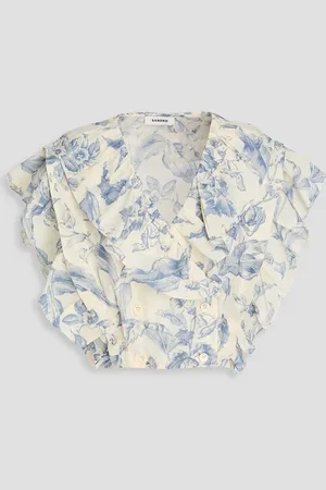 Sandro Josey Cropped Oberteil aus Gaze aus einer Leinenmischung mit Print - Weiß - 3