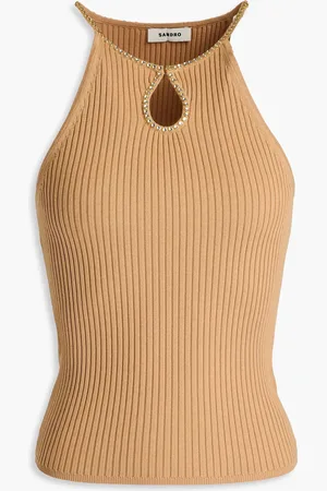 Sandro Oberteil aus Rippstrick mit Cut-outs und Kristallverzierung - Neutral - 4