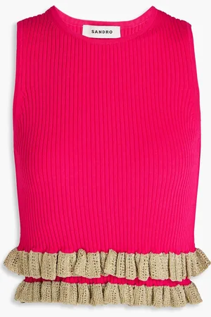 Sandro Cropped Tanktop aus Rippstrick mit Häkelbesatz und Rüschen - Pink - 3