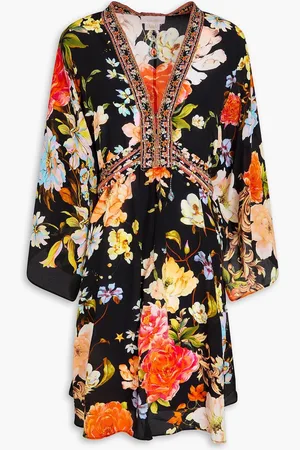 Camilla Kaftan aus Crêpe de Chine aus Seide mit floralem Print und Kristallverzierung - - S/M