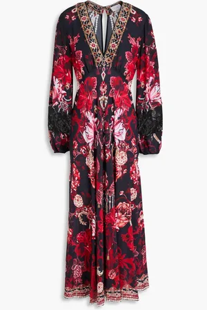 Camilla Bedrucktes Midikleid aus Crêpe de Chine aus Seide mit Kristallverzierung - - XS