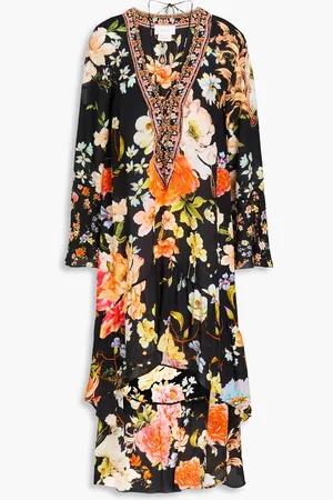 Camilla Midikleid aus Crêpe de Chine aus Seide mit floralem Print und Kristallverzierung - - XXS
