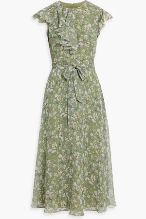MIKAEL AGHAL Midikleid aus Chiffon mit floralem Print und Rüschen - Grün - US 12