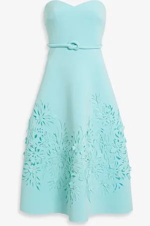 Badgley Mischka Trägerloses Midikleid aus lasergeschnittenem Scuba - Blau - US 12