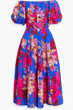 Nicholas Schulterfreies Midikleid aus einer Leinenmischung mit floralem Print - Blau - US 0