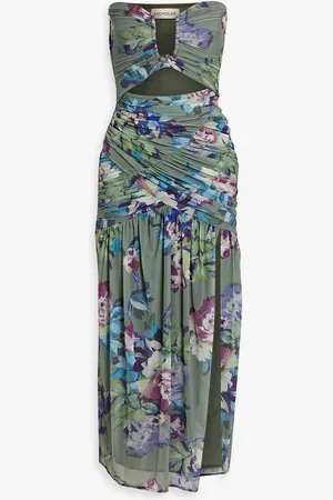 Nicholas Trägerloses Midikleid aus Stretch-Tüll mit floralem Print - Grün - US 4