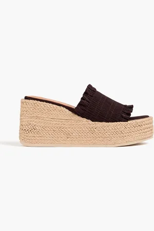 Ganni Espadrille-Mules aus Satin mit Keilabsatz und Rüschen - Braun - EU 36