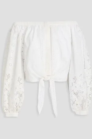 ALICE+OLIVIA Alice Olivia - Ivy schulterfreies Oberteil aus Baumwolle mit Lochstickerei und Bindedetail vorne - Weiß - XS