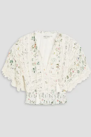 ALICE+OLIVIA Alice Olivia - Tabitha Cropped Oberteil mit Lochstickerei, Blumenprint und Häkeleinsätzen - Weiß - XS