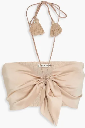 ALICE+OLIVIA Alice Olivia - Livia Cropped Neckholder-Oberteil aus Satin mit Knotendetail - Neutral - US 12
