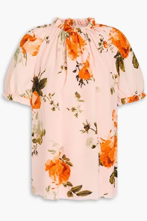 Erdem Oberteil aus Crêpe de Chine aus Seide mit floralem Print und Rüschen - Pink - UK 8