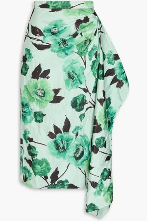 Erdem Drapierter Midirock aus Taft mit floralem Print in Knitteroptik - Grün - UK 10